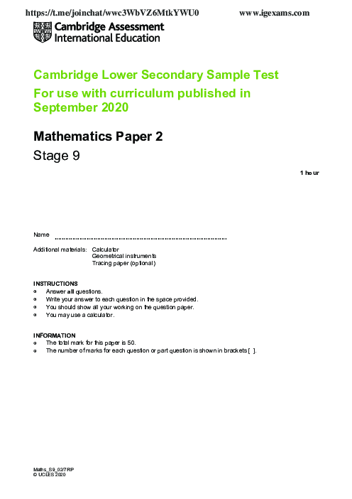 Cambridge Progression Test Stage 9 Mathematics 2020 Paper 2