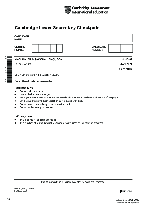 ENGLISH AS A SECOND LANGUAGE 1110,02 April 2021 | Cambridge Lower secondary Checkpoint Past Papers with Mark Schemes