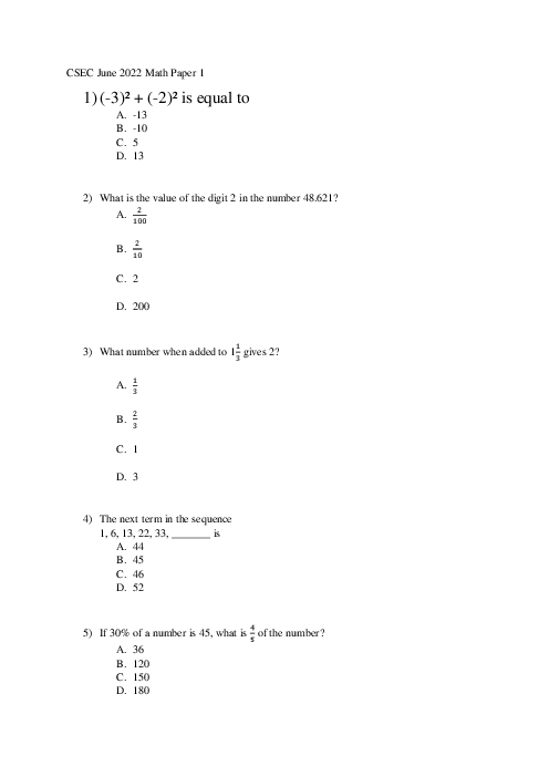 Mathematics June 2022 Paper 1