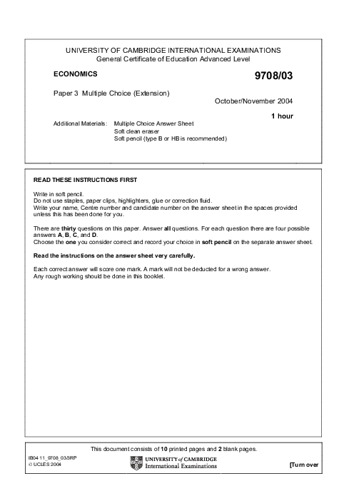 Paper 2, Oct Nov 2004 | Cambridge AS - A Level Economics (9708) Past Papers