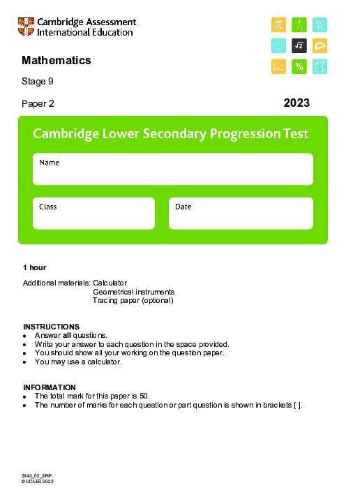 Cambridge Progression Test Stage 9 Mathematics 2023 Paper 2