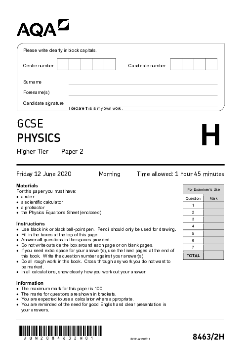 Physics 8463/2H June 2020