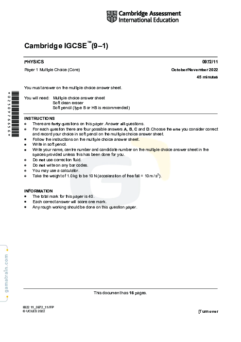 Physics 0972/11 Oct Nov 2022