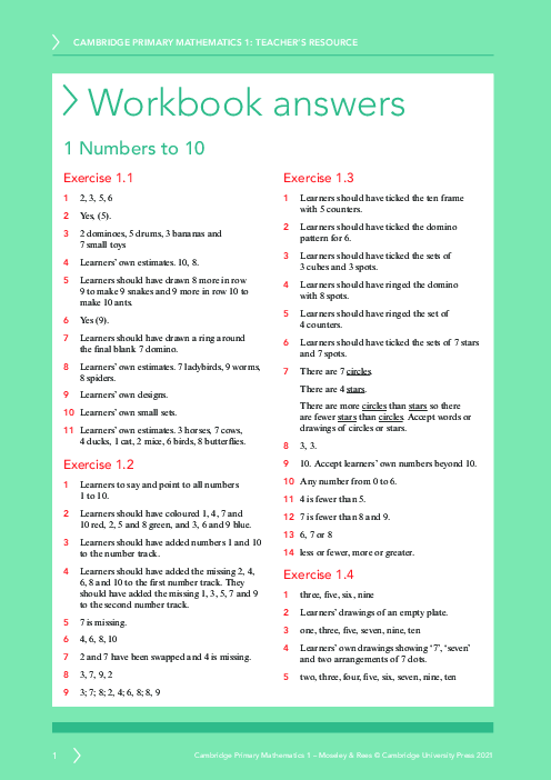 Mathematics year 1 Workbook Answers | Free PDF