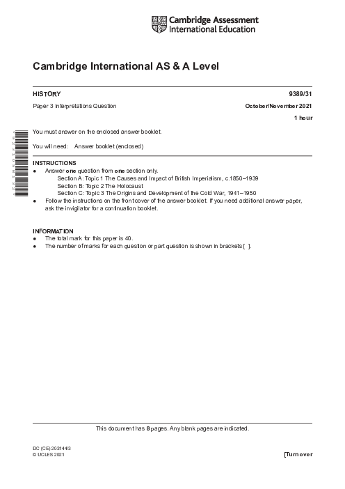  History 9389/22 Oct Nov 2021 | Cambridge AS & A Level Past Papers With Mark Scheme
