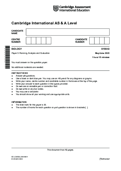 Biology 9700/53 May June 2023 | Cambridge AS Level Past Papers With Mark Scheme