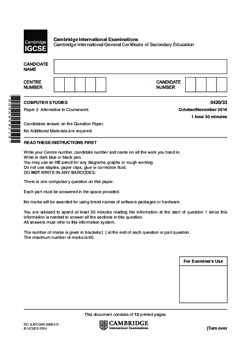 Computer Studies 0420/33 Oct Nov 2014