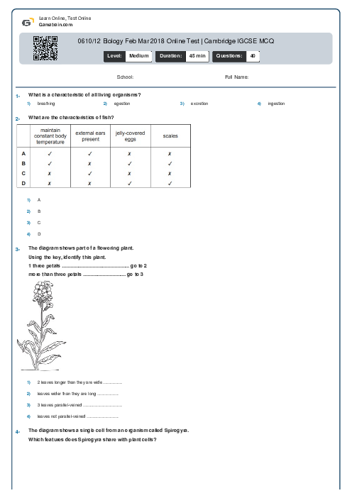 0610/12 Biology Feb Mar 2018 Online Test | Cambridge IGCSE MCQ
