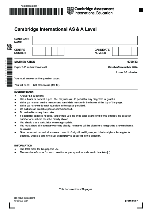  Mathematics 9709,33 2024 Oct Nov  | Cambridge AS - A Level Past Papers With Mark Scheme