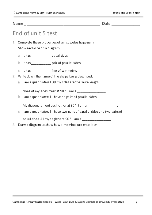 Year 6 Mathematics End of Unit 5 Test - Answers Included