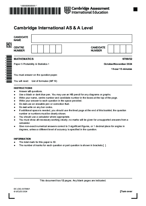  Mathematics 9709,52 Oct Nov 2024 | Cambridge AS - A Level Past Papers With Mark Scheme