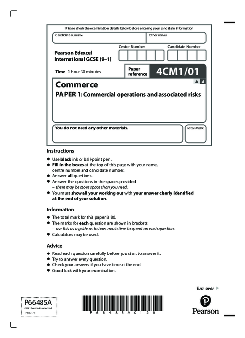 Commerce 4CM1/01 June  2021 | Edexcel   IGCSE Past Papers With Mark Scheme
