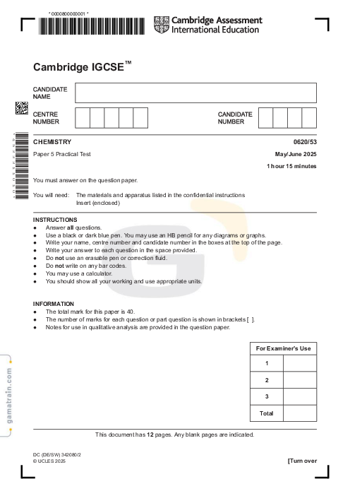 Chemistry 0620/53 May June 2025