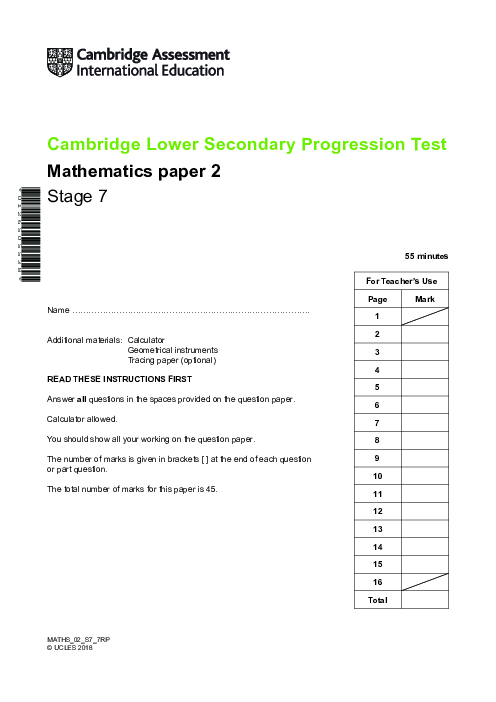 Progression Test Stage 7 Mathematics 2018 Paper 2