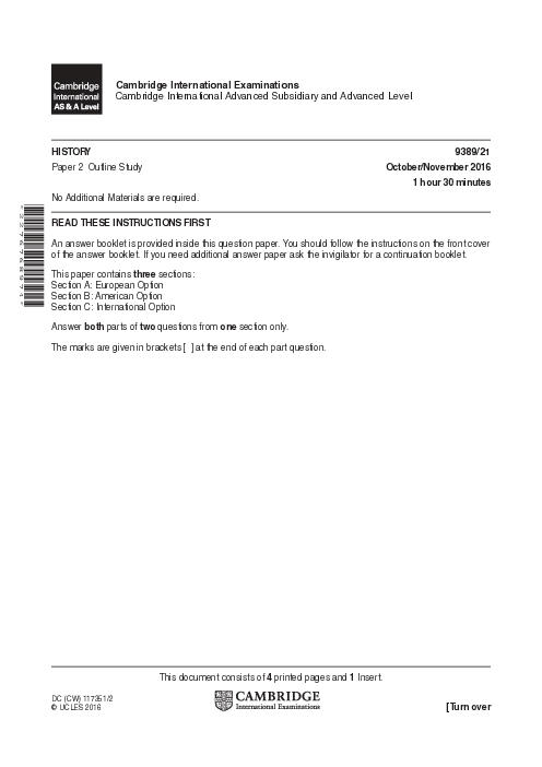  History 9389/43 May June 2016 | Cambridge AS & A Level Past Papers With Mark Scheme