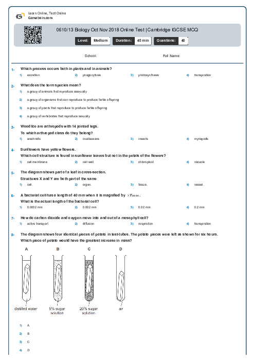 0610/13 Biology Oct Nov 2018 Online Test | Cambridge IGCSE MCQ