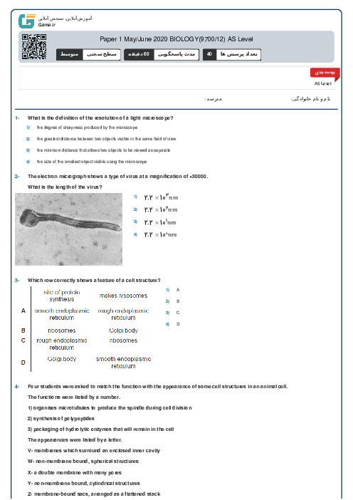 9700/12 Biology May Jun 2020 Online Test | Cambridge AS and A Level MCQ