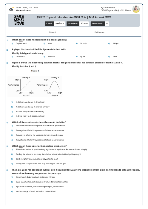 7582/2 Physical Education Jun 2018 Quiz | AQA A Level MCQ