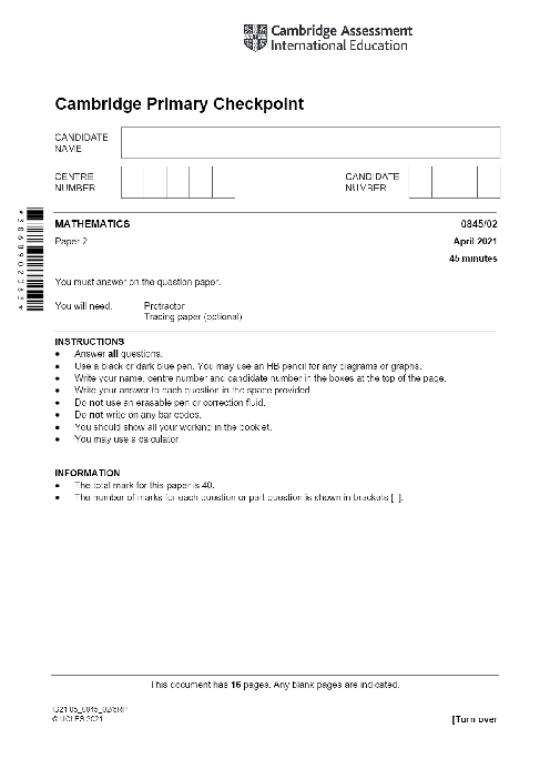 MATHEMATICS 0845,02 April 2021 | Cambridge Primary Checkpoint Past Papers and Mark Schemes