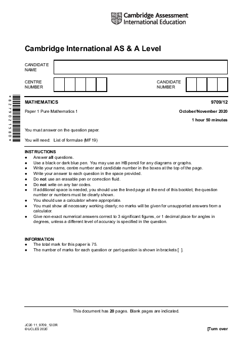 Mathematics 9709/11 Oct Nov 2020 | Cambridge AS & A Level Past Papers With Mark Scheme