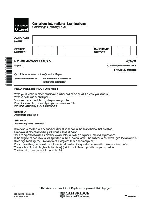 Mathematics Syllabus D 4024/21 Oct Nov 2015