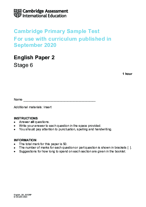 Cambridge Progression Test Stage 6 English 2020 Paper 2