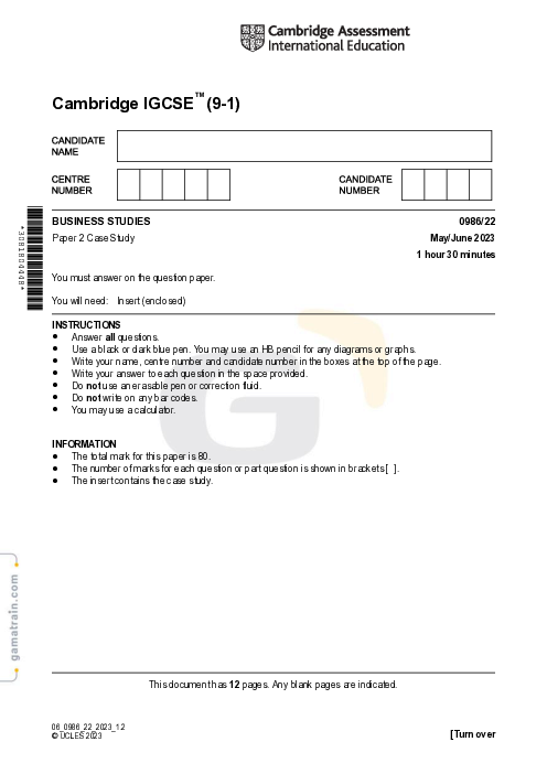 Business Studies 0986/22 May June 2023