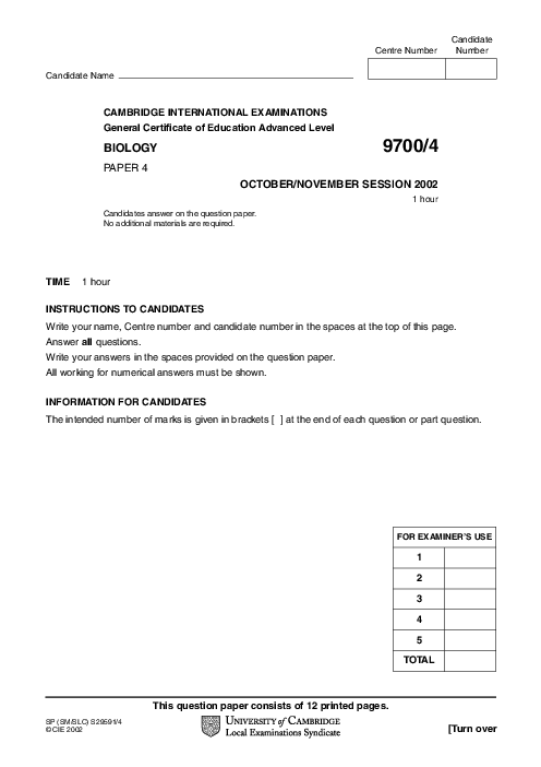 Biology 9700/04 Oct Nov 2002 | Cambridge AS Level Past Papers With Mark Scheme