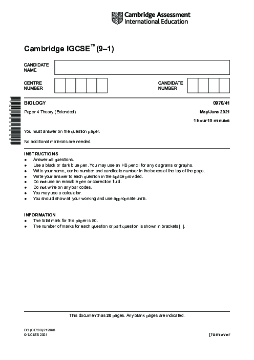 Paper 3, Variant 1, May June 2021 | Cambridge 9–1 GCSE  Biology (0970) Past Papers