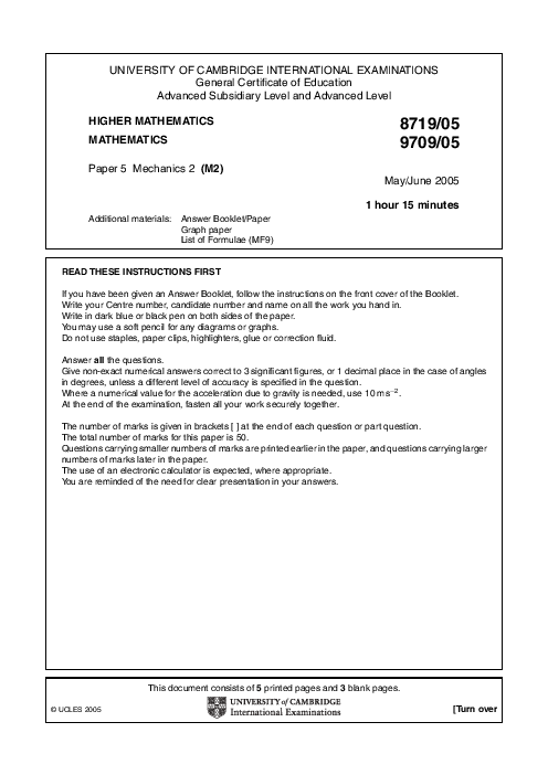 Mathematics 9709/01 May June 2005 | Cambridge AS & A Level Past Papers With Mark Scheme