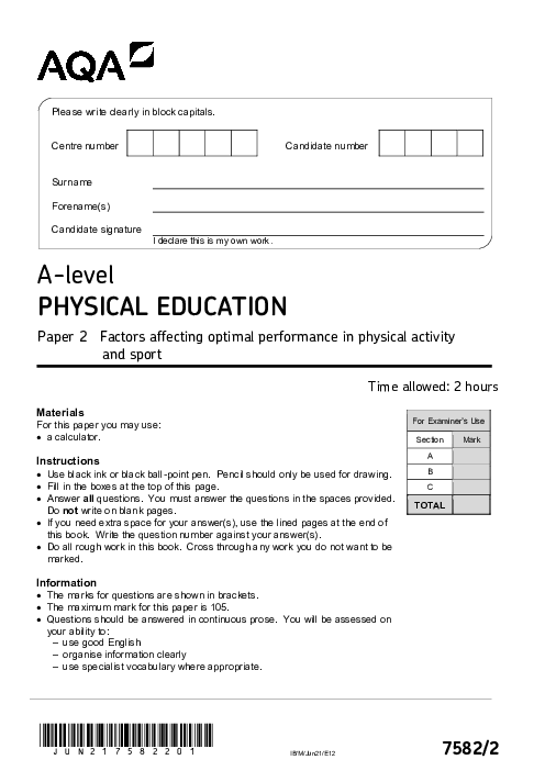 Physical Education 7582/2 June 2021