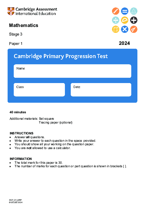 Cambridge Progression Test Stage 3 Mathematics 2024 Paper 1