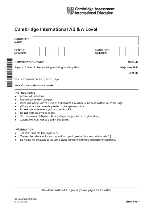  Computer Science 9608/41 May June 2021 | Cambridge AS & A Level Past Papers With Mark Scheme