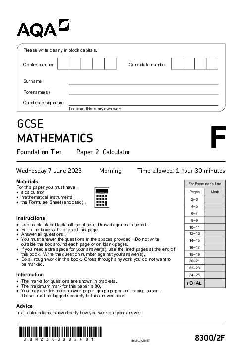 Mathematics 8300/2F June 2023