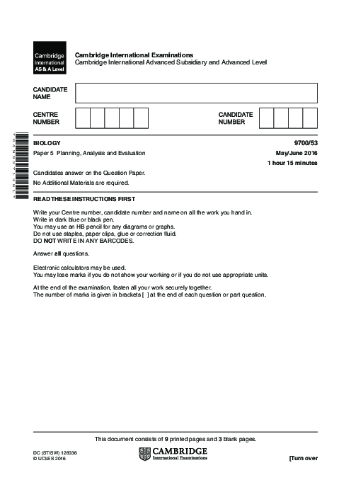 Biology 9700/53 May June 2016 | Cambridge AS Level Past Papers With Mark Scheme