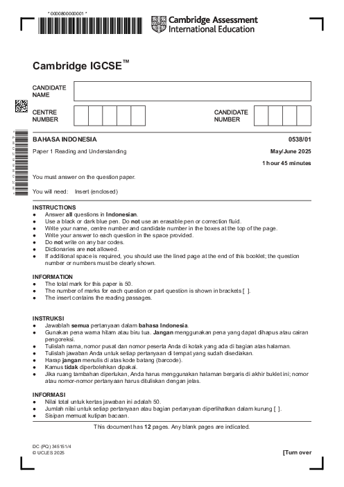 Bahasa Indonesia 0538/01 May June 2025