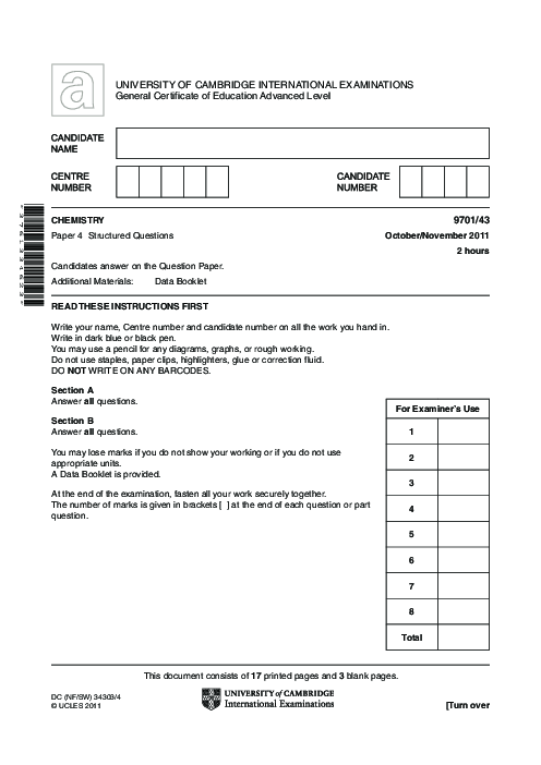 Chemistry 9701/41 Oct Nov 2011 | Cambridge AS Level Past Papers With Mark Scheme