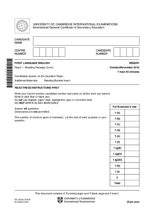 English-First Language (UK) 0522/01 Oct Nov 2012
