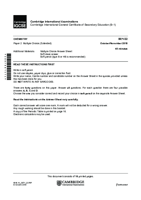  Chemistry 0971/22 Oct Nov 2018 | Cambridge 9–1 IGCSE Past Papers With Mark Scheme