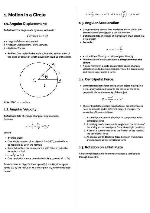Physics (9702) Motion in a Circle Revision Note