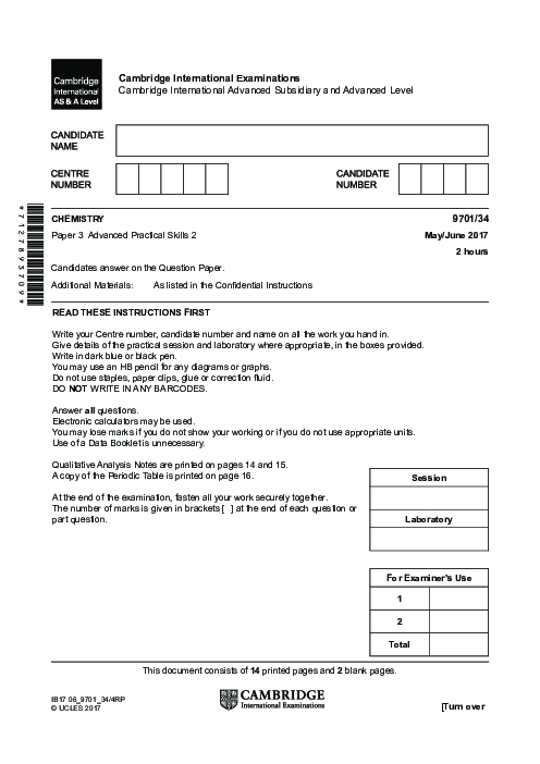 Chemistry 9701/41 May June 2017 | Cambridge AS Level Past Papers With Mark Scheme