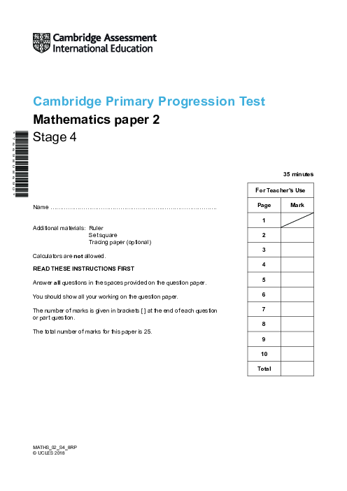 Cambridge Progression Test Stage 4 Mathematics 2018 Paper 2 With Mark Scheme