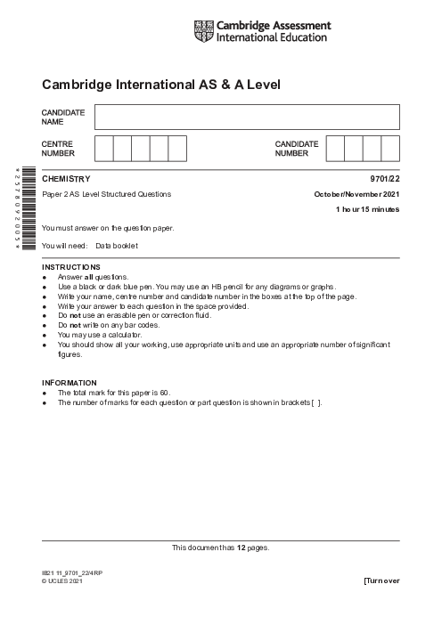 Chemistry 9701/12 Oct Nov 2021 | Cambridge AS Level Past Papers With Mark Scheme