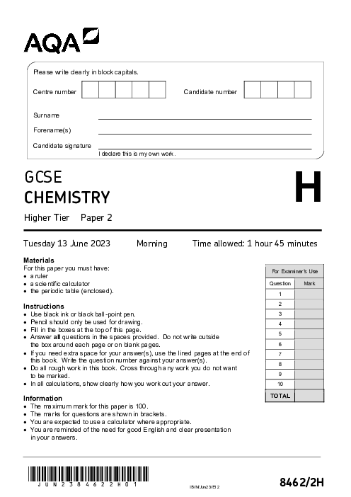 Chemistry 8462/2H June 2023