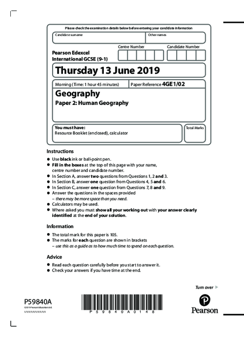 Geography 4GE1/02 June  2019 | Edexcel  IGCSE Past Papers With Mark Scheme