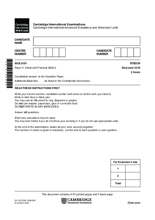 Paper 3, Variant 3, May June 2016 | Cambridge AS - A Level Biology (9700) Past Papers