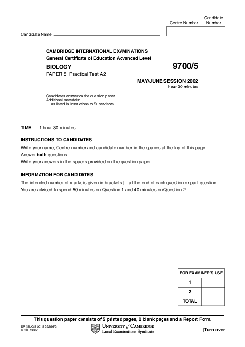 Biology 9700/05 May June 2002 | Cambridge AS Level Past Papers With Mark Scheme
