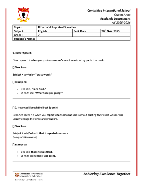 Direct Speech and Reported Speech Worksheet