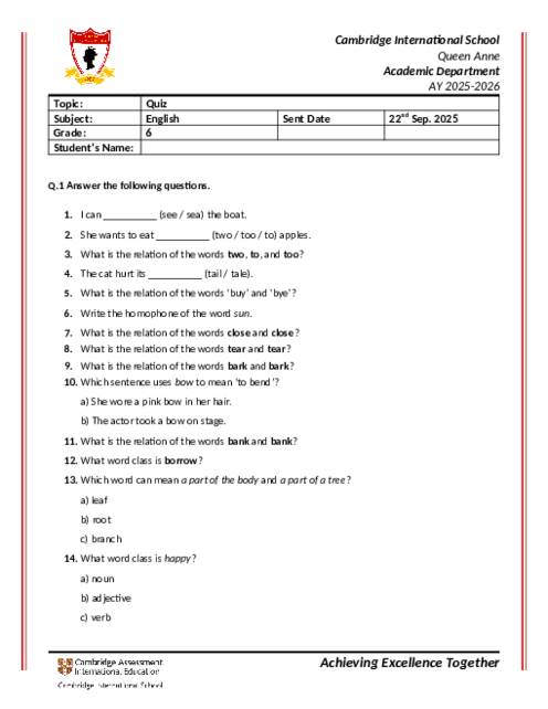 Homophone, homonym, and homograph quiz
