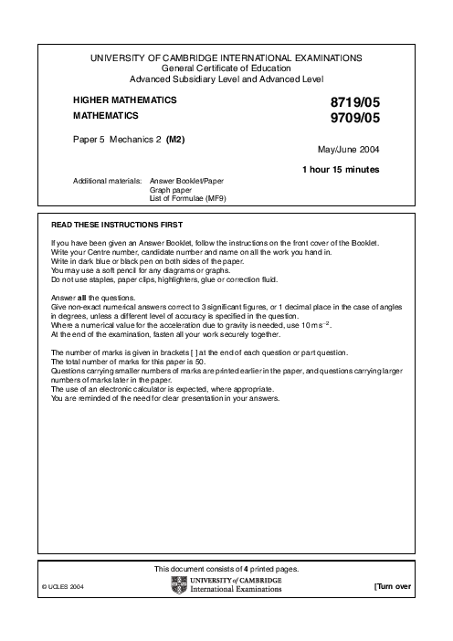 Mathematics 9709/01 May June 2004 | Cambridge AS & A Level Past Papers With Mark Scheme